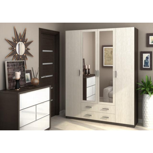 Шкаф четырех створчатый с ящиками и двумя зеркалами Квадро