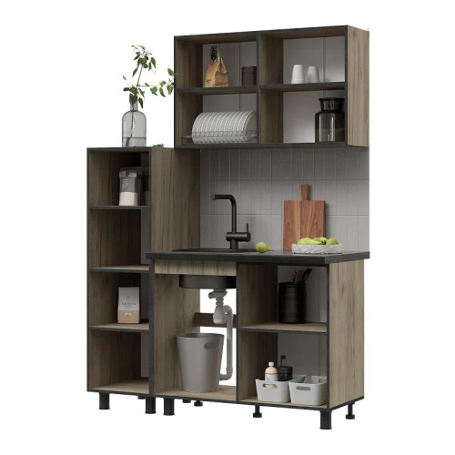 Кухня Эдинбург 1.4 с пеналом Фасад ЖЕЛЕЗНЫЙ КАМЕНЬ/Корпус ДУБ КРАФТ СЕРЫЙ