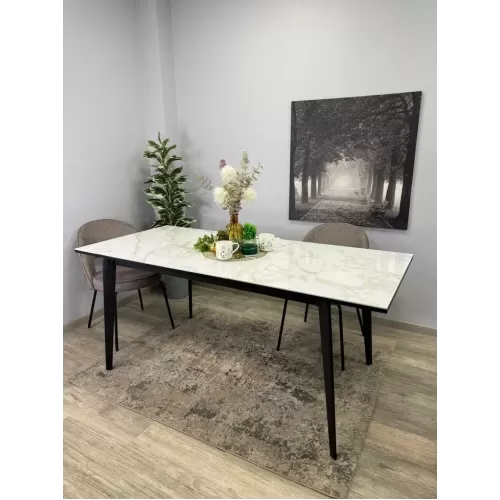 Стол обеденный KR1400 черный/керамика мрамор белый глянец